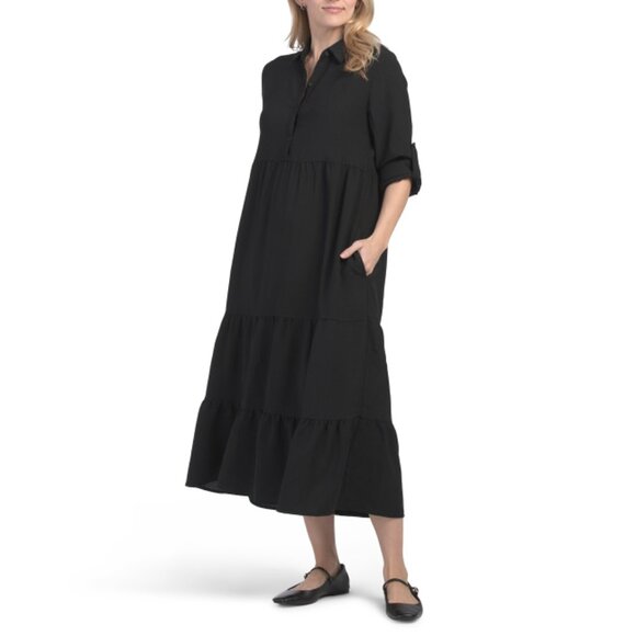 MAX STUDIO Black Roll Tab Sleeve Tiered Maxi Dress - Picture 1 of 2